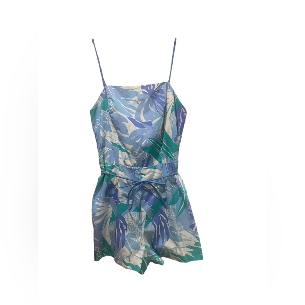 1970s LAVENDER & LIGHT BLUE TROPICAL PLAYSUIT SIZE 14 READ
